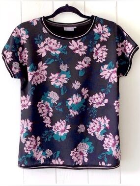 B.Young Panya Pink Floral Black Blouse With Black White Trim Size XS / S
